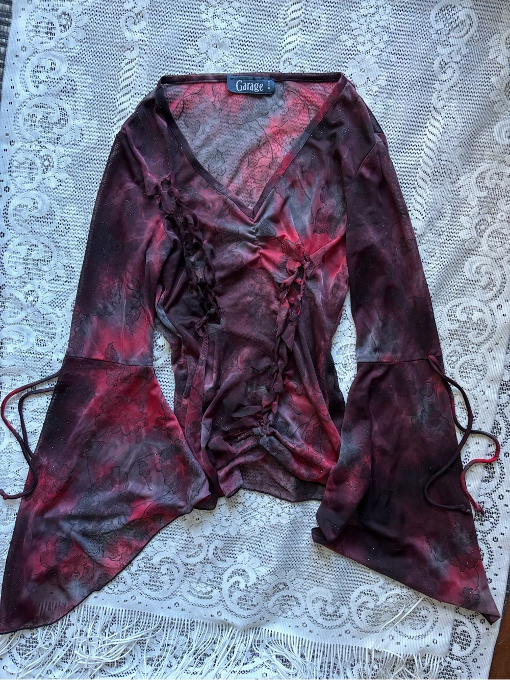 Vintage Garage Burgundy & Black Lace-Print Ruffle Tie-Front Blouse
